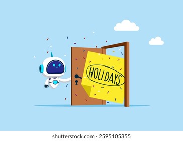 Robot opening a door to see to see holidays or vacation. Company holidays for employees. Vector illustration 