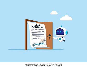 Robot opening a door to see to loan agreement. Loan agreement borrow money from bank, mortgage, debt or obligation to pay back interest rate, personal loan or financial support. 