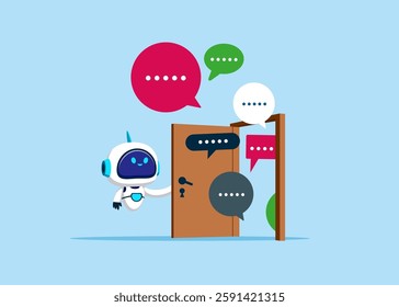 Robot opening a door to see speech bubbles. Discussion, conversation, meeting, team communication. Vector illustration.