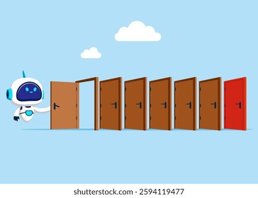 Robot opening a door,  works six days in week, a workaholic without holidays. For entrance, home, exit, challenge, opportunity concept. Modern vector illustration in flat style