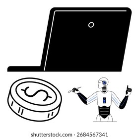 Robot operando una computadora portátil con lápiz óptico, moneda de dólar y acciones de programación. Ideal para tecnología, IA, automatización, moneda virtual, finanzas, robótica y temas de programación. Metáfora de línea