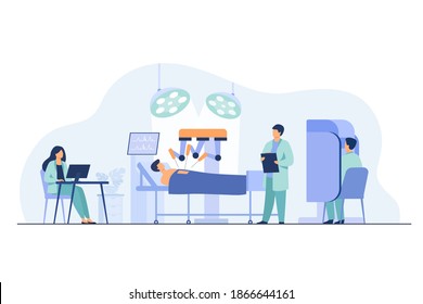 Robot operating on patient. Surgeons monitoring robotic arms work in operating room. Vector illustration for modern technology in surgery, surgical equipment concept