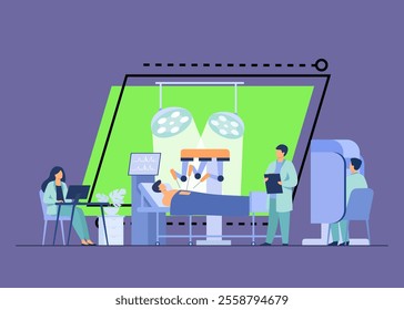 Robot operating on patient. Surgeons monitoring robotic arms work in operating room. Vector illustration for modern technology in surgery, surgical equipment concept
