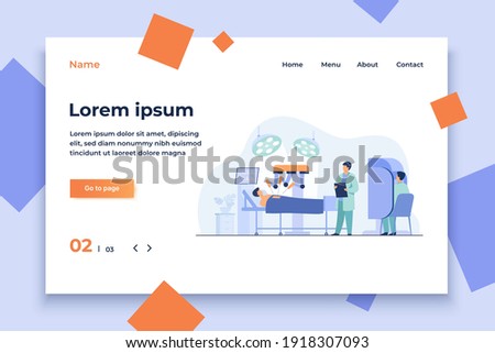 Robot operating on patient. Surgeons monitoring robotic arms work in operating room. Vector illustration for modern technology in surgery, surgical equipment concept
