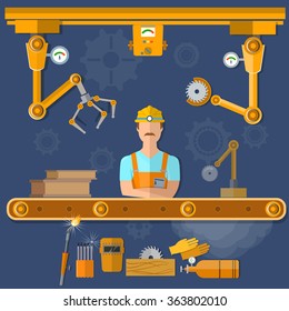 Robot operation of the conveyor with conveyor belt automation of work vector illustration 