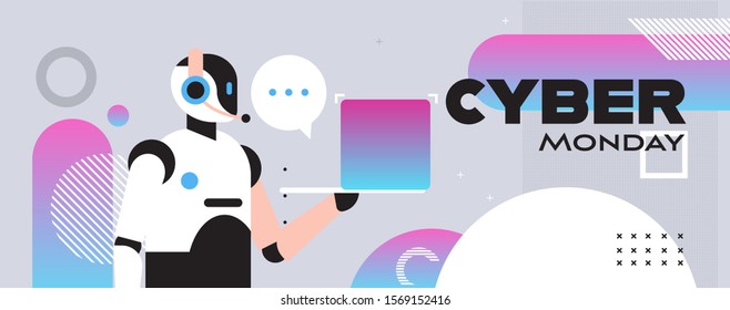 robot operator holding laptop cyber monday big sale special offer concept holiday shopping discount poster horizontal vector illustration