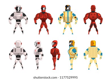 Robot ostumes set, superhero man vector Illustrations