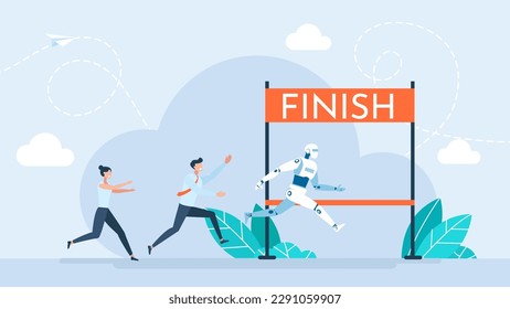 Robot outruns people. Victory of artificial intelligence in the competition with business people. Business people and robot competing run to finish line AI technology competition. Vector illustration