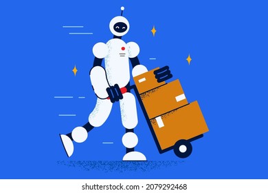 Robot with package help deliver order to client or customer. Humanoid or robotic assistant with boxed parcel involved in delivery service. Artificial intelligence, technology. Vector illustration.