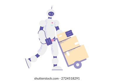 Robot con paquete de ayuda para entregar el pedido al cliente o Cliente. Asistente humanoide o robótico con paquete en caja involucrado en el servicio de entrega. Inteligencia artificial, tecnología. Ilustración vectorial.
