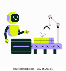 Robot Packing Gifts In Flat Vector Illustration Symbolizing Automation, Robotics, And Future Technology, Isolated On White Background.
