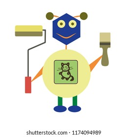 A robot with a paint roller and brush.