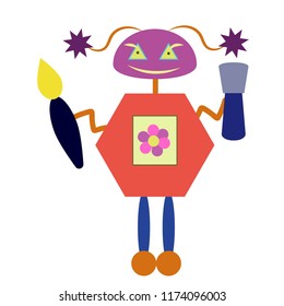 A robot with a paint spatula and brush.