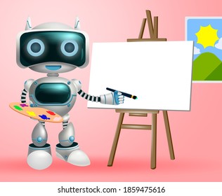 Robot painter character vector background design. Robotic artistic character in painting activity for toy kids modern technology cyborg design. Vector illustration.