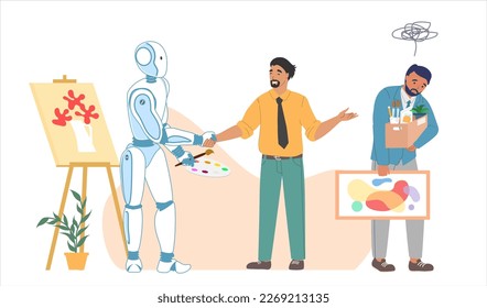 Robot painter drawing picture on canvas with paintings vector illustration. Happy boss handshaking robotic hand while sad fired creative artist going away. Artificial Intelligence versus human art