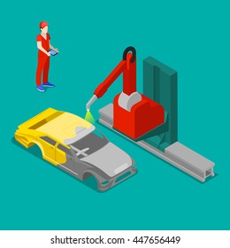 Robot Painting Car Body in Automobile Factory. Isometric Transportation. Vector illustration