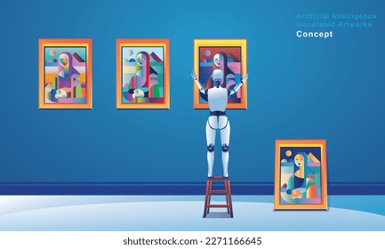 Pintura de Robot Creando Material Artístico, asistente de artista de inteligencia artificial, la imagen generada por la inteligencia artificial. El arte rápido y los artistas rápidos interrumpen a los artistas tradicionales con robots