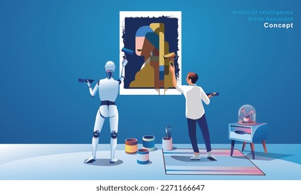 Robot Painting Creating Artwork, artificial intelligence artist assistant, the image generated by artificial intelligence. Prompt craft and prompt artists are disrupting traditional artists with robot