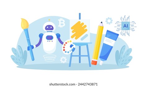 Robotermalerei, die Kunstwerke erstellt. Künstliche Intelligenz erzeugt atemberaubende Kunstwerke. Robotertechnologien in Hobbys. KI-Künstler Stehbild mit Pinsel