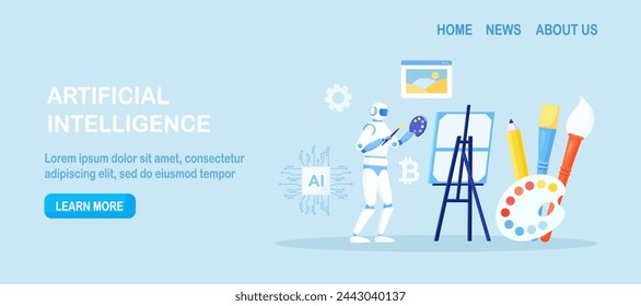 Robot painting creating artwork. Artificial intelligence generating stunning works of art. Robotic technologies in hobbies. AI artist standing and drawing picture with brush