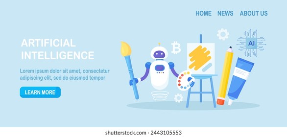 Robot painting creating artwork. Artificial intelligence generating stunning works of art. Robotic technologies in hobbies. AI artist standing and drawing picture with brush