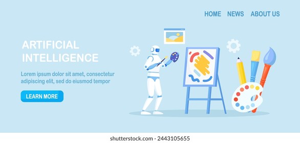 Robot painting creating artwork. Artificial intelligence generating stunning works of art. Robotic technologies in hobbies. AI artist standing and drawing picture with brush