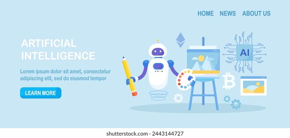 Robot painting creating artwork. Artificial intelligence generating stunning works of art. Robotic technologies in hobbies. AI artist standing and drawing picture with pencil