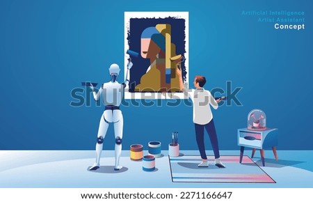 Robot Painting Creating Artwork, artificial intelligence artist assistant, the image generated by artificial intelligence. Prompt craft and prompt artists are disrupting traditional artists with robot