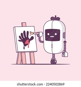 Robot pintando sobre un caballete. Concepto artístico de inteligencia artificial. Ilustración de dibujos animados