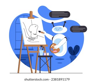 Robot painting on easel concept. Artificial intelligence and machine learning. Modern technologies and innovations. Art and creativity. Cartoon flat vector illustration isolated on white background