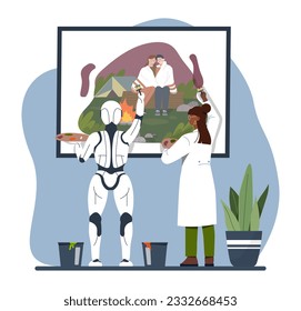 Robot painting vector concept. Artificial intelligence and machine learning. Woman teaching bot to draw. Creativity and art. AI creating artwork, craft. Cartoon flat vector illustration