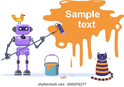 Der Roboter malt einen großen Fleck an der Wand mit hellorangefarbener Farbe und Platz für Text. Ankündigung. Die lustige Katze und der Vogel sitzen neben dem Roboter. Vektorgrafik im Cartoon-Stil.