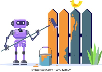 The robot paints the old fence with bright paint. Automatic home assistant. The robot is performing the reconstruction of the infrastructure. Vector illustration in cartoon style.