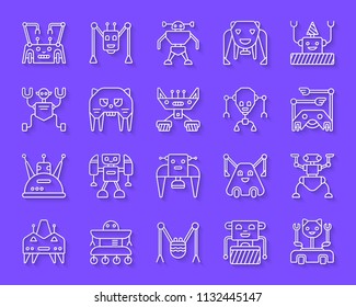 Robot paper cut art line icons set. 3D sign kit of character. Transformer linear pictogram collection includes toy, assistant, bot. Simple robot vector paper carved icon shape. Material design symbol