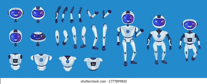 Robot parts set. Cute whole humanoid character, arms, legs, head with screen, torso collection. Can be used for electronic equipment, android machine concepts