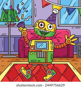 Robot with a Party Hat and Confett Colored Cartoon