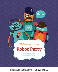 Robot Party Invitation Card Design. Vector Illustration