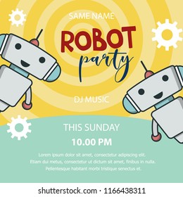 Robot party promo banner with cute robots on yellow background. Vector illustration in flat style.