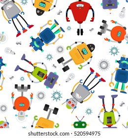 Robot pattern with cute colorful robots on white. Vector illustration