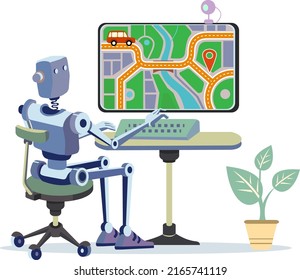 The Robot Paves The Route Of The Car On The City Map. Automated Intelligent Navigation System. Finding The Optimal Choice Of Path. Solving The Traveling Salesman Problem. Transport And Logistics Tasks