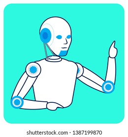 Robot, Pay Attention Gesture Flat Illustration. Cartoon Cyborg with Raised Index Finger Linear Character. Artificial Intelligence Companion, Friend, Helper. Bionic Computerized Creature