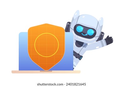 Robot peeks out from behind laptop with shield. Online security concept. Flat vector illustration