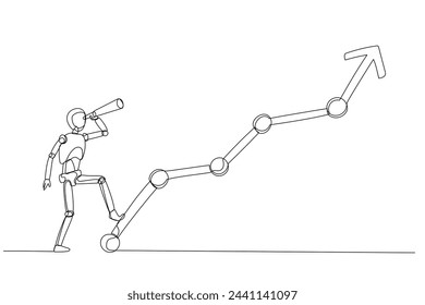 Robot peering through a telescope, focused on an upward-trending graph line symbolizes automation can forecast trend and predict market