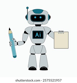 Robot with pencil. Ai assistant helps to write texts and draw. Artificial intelligent concept. Hand drawn vector illustration isolated on white background, flat cartoon style.