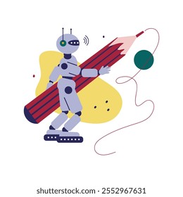 Robot con lápiz. Concepto de idea de creatividad e innovación. Tecnología de inteligencia artificial. Artista robot. Concepto de generación de arte de IA. Ilustración vectorial plana de dibujos animados. 