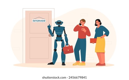 Robot and people comparsion. Cyborg, man and woman standing near door with interview inscription. Candidates for vacancies. Headhunting and recruiting. Cartoon flat vector illustration