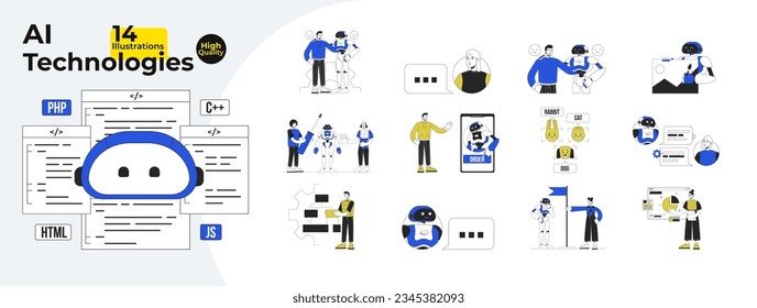 Robot and people interaction flat line concept vector spot illustrations bundle. AI technologies. Virtual friendship 2D cartoon characters on white for web UI design. Editable hero image collection