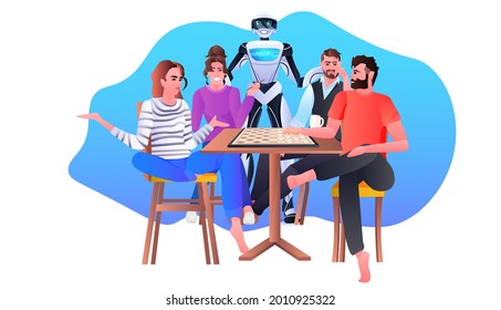 robot with people playing chess artificial intelligence technology concept