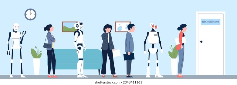 Robot and people waiting job interview in office. Robots vs human workers, digital technology progress. Competition with android recent vector concept