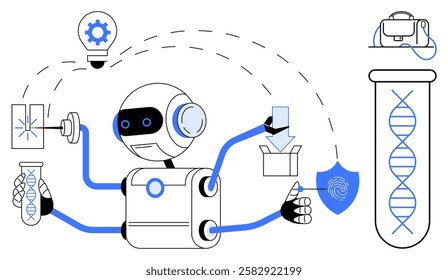 Robot performing a DNA test, holding a test tube, adjusting machinery, analyzing components, and interacting with tech gear. Ideal for biotechnology, AI, robotics innovation, scientific research